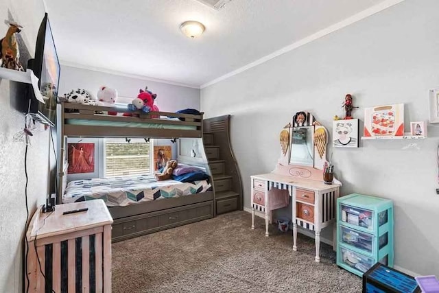 bedroom featuring carpet floors and ornamental molding