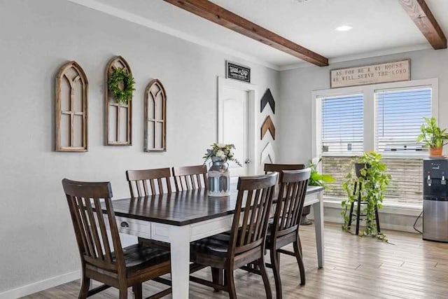 dining space featuring beam ceiling and wood-type flooring