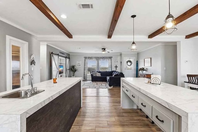 kitchen featuring dark hardwood / wood-style flooring, sink, a large island with sink, a barn door, and hanging light fixtures