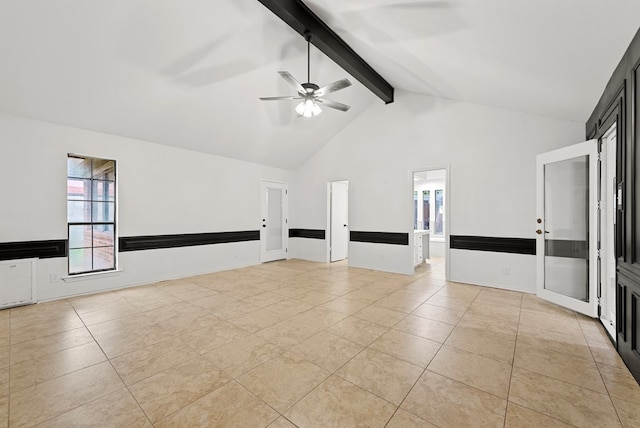 20 Sunnygrove Dr, Odessa, TX 79761 - unfurnished room featuring light tile patterned floors, beamed ceiling, high vaulted ceiling, and ceiling fan