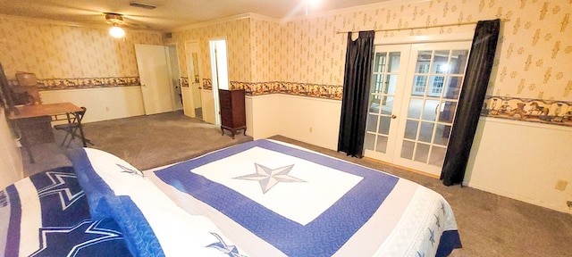 bedroom with carpet, ornamental molding, and french doors