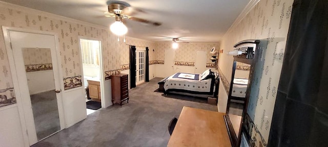 bedroom featuring dark colored carpet and ornamental molding