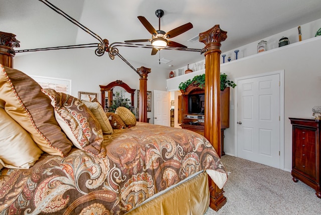 6920 Stonehenge Rd, Odessa, TX 79765 - carpeted bedroom featuring decorative columns, a ceiling fan, and vaulted ceiling