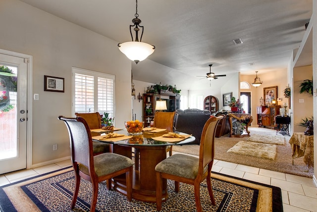 6920 Stonehenge Rd, Odessa, TX 79765 - dining space featuring healthy amount of natural light, light tile patterned flooring, lofted ceiling, and ceiling fan