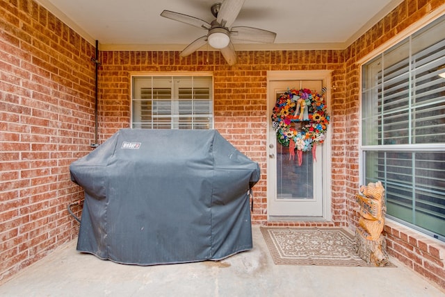 6920 Stonehenge Rd, Odessa, TX 79765 - property entrance with brick siding and ceiling fan