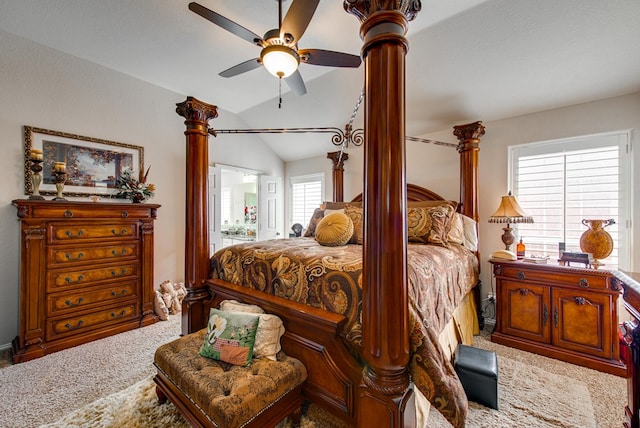 6920 Stonehenge Rd, Odessa, TX 79765 - bedroom featuring carpet, lofted ceiling, ceiling fan, and connected bathroom