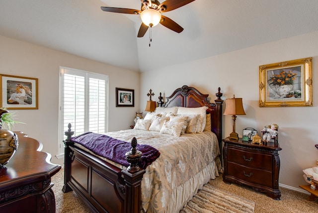 6920 Stonehenge Rd, Odessa, TX 79765 - bedroom with light colored carpet, vaulted ceiling, ceiling fan, and baseboards