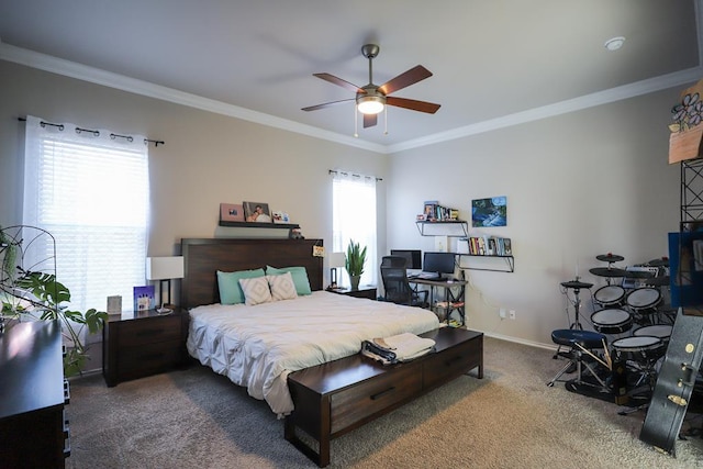 1322 E 89th St, Odessa, TX 79765 - carpeted bedroom featuring ornamental molding, baseboards, ceiling fan, and an office area