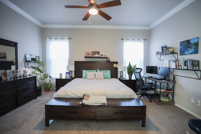 1322 E 89th St, Odessa, TX 79765 - bedroom with multiple windows, carpet, ornamental molding, an office area, and a ceiling fan