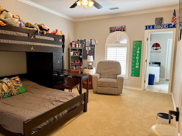 5 Muirfield Dr, Odessa, TX 79762 - carpeted bedroom with crown molding and ceiling fan