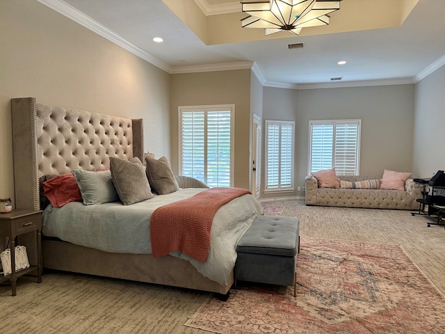 5 Muirfield Dr, Odessa, TX 79762 - bedroom with multiple windows, a chandelier, crown molding, recessed lighting, and carpet floors