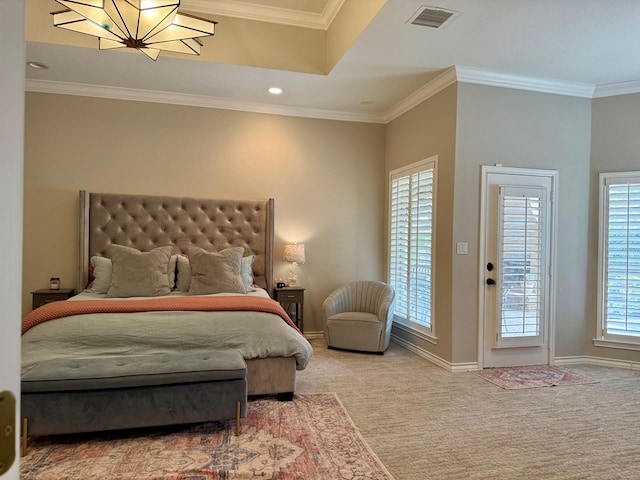 5 Muirfield Dr, Odessa, TX 79762 - bedroom featuring a chandelier, carpet, ornamental molding, recessed lighting, and access to exterior