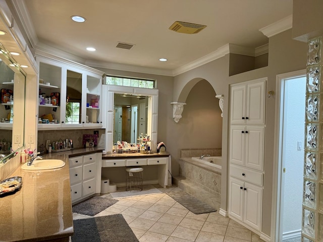 5 Muirfield Dr, Odessa, TX 79762 - full bathroom with a bath, ornamental molding, vanity, recessed lighting, and tile patterned floors