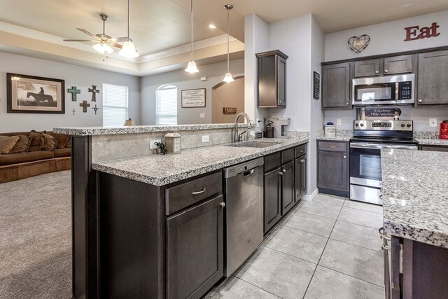 2004 Boise Dr, Odessa, TX 79762 - kitchen with appliances with stainless steel finishes, a sink, open floor plan, a peninsula, and ceiling fan