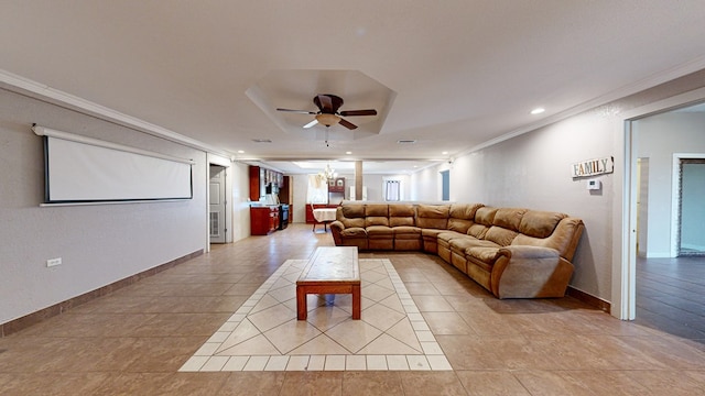 tiled living room featuring ceiling fan and ornamental molding