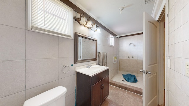 bathroom featuring walk in shower, toilet, vanity, and ornamental molding