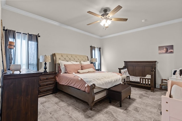 800 94th, Odessa, TX 79765 - bedroom featuring multiple windows, crown molding, light tile patterned flooring, and ceiling fan