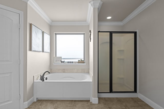 800 94th, Odessa, TX 79765 - bathroom with a stall shower, a bath, crown molding, and baseboards