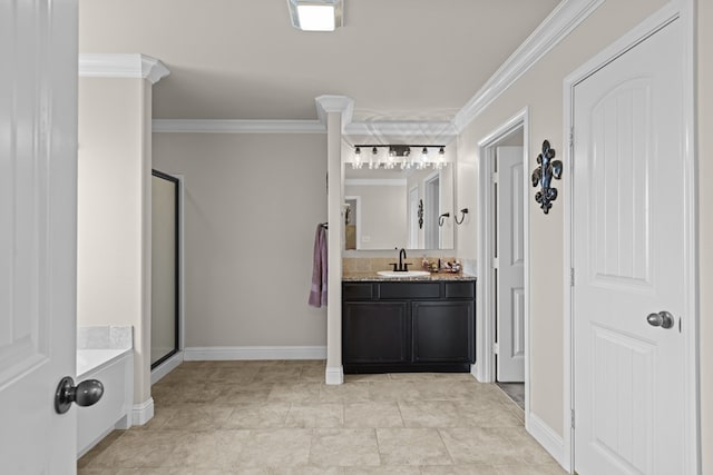 800 94th, Odessa, TX 79765 - full bathroom featuring a shower stall, vanity, ornamental molding, and baseboards