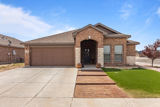 800 94th, Odessa, TX 79765 - view of front of house featuring brick siding, an attached garage, concrete driveway, and a front lawn
