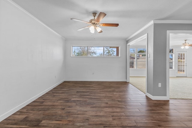 2616 E 21st St, Odessa, TX 79761 - spare room featuring ceiling fan, plenty of natural light, crown molding, dark wood-style floors, and baseboards