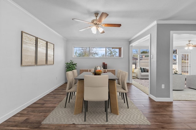 2616 E 21st St, Odessa, TX 79761 - dining room featuring ceiling fan, wood finished floors, baseboards, and crown molding