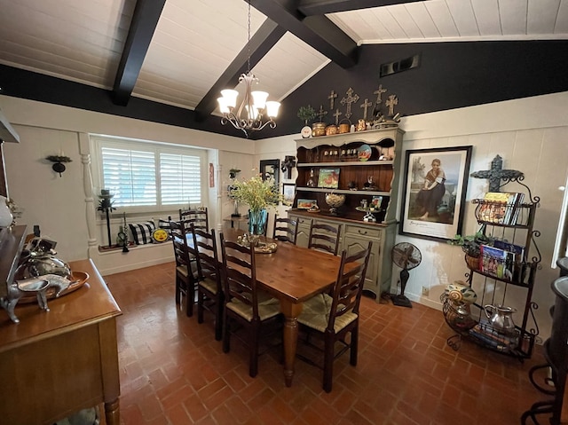 dining room with vaulted ceiling with beams, brick floor, visible vents, and a notable chandelier
