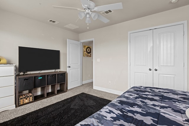 609 E 96th Ct, Odessa, TX 79765 - bedroom featuring carpet floors, a closet, baseboards, and ceiling fan