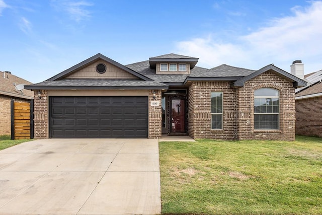 609 E 96th Ct, Odessa, TX 79765 - view of front facade featuring brick siding, concrete driveway, a front yard, and an attached garage