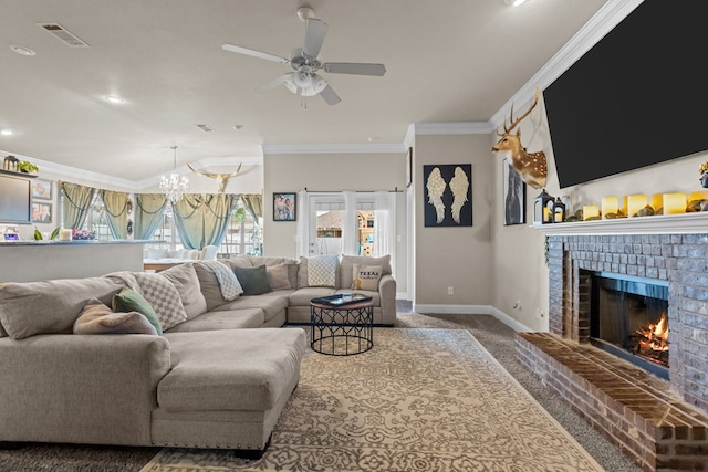 609 E 96th Ct, Odessa, TX 79765 - living room with baseboards, ornamental molding, a ceiling fan, a chandelier, and a brick fireplace