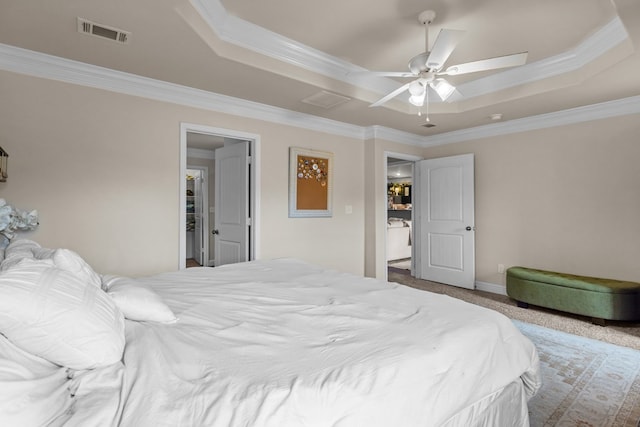 609 E 96th Ct, Odessa, TX 79765 - carpeted bedroom with a tray ceiling, crown molding, and a ceiling fan
