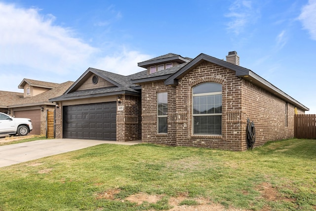 609 E 96th Ct, Odessa, TX 79765 - view of front facade with brick siding, a garage, concrete driveway, and roof with shingles