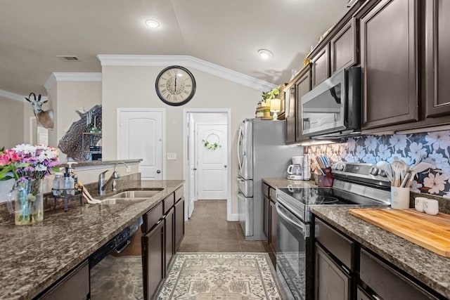 609 E 96th Ct, Odessa, TX 79765 - kitchen with stainless steel appliances, a sink, dark brown cabinetry, dark stone counters, and crown molding