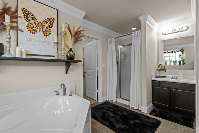 609 E 96th Ct, Odessa, TX 79765 - full bath with crown molding, a stall shower, a bath, tile patterned floors, and vanity