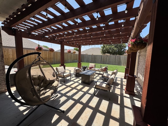 1205 Silverton Dr, Midland, TX 79705 - fenced backyard featuring an outdoor living space with a fire pit, a patio area, and a pergola
