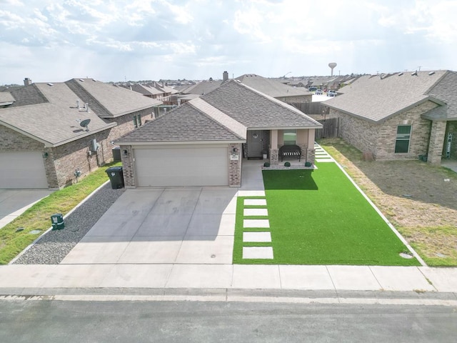 view of front facade featuring a residential view, roof with shingles, brick siding, a garage, and concrete driveway