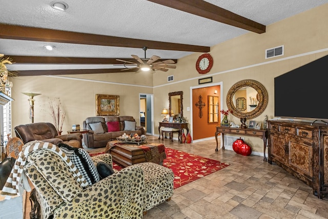 1324 Pagewood Ave, Odessa, TX 79761 - living room featuring ceiling fan, a textured ceiling, and stone tile flooring