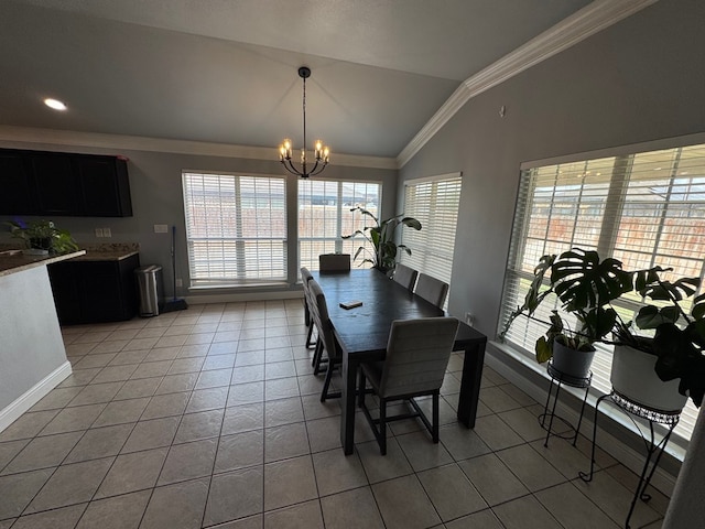 616 96th St, Odessa, TX 79765 - dining space featuring lofted ceiling, light tile patterned floors, ornamental molding, a chandelier, and healthy amount of natural light