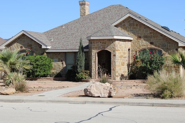 view of front of house with stone siding and a chimney