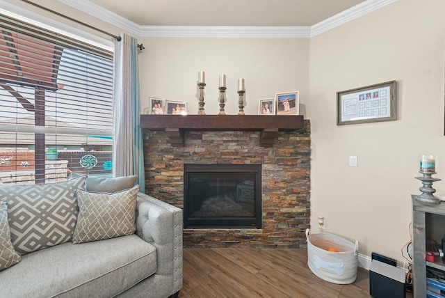7028 Xit Ranch Rd, Odessa, TX 79765 - living room with crown molding, wood finished floors, and a fireplace
