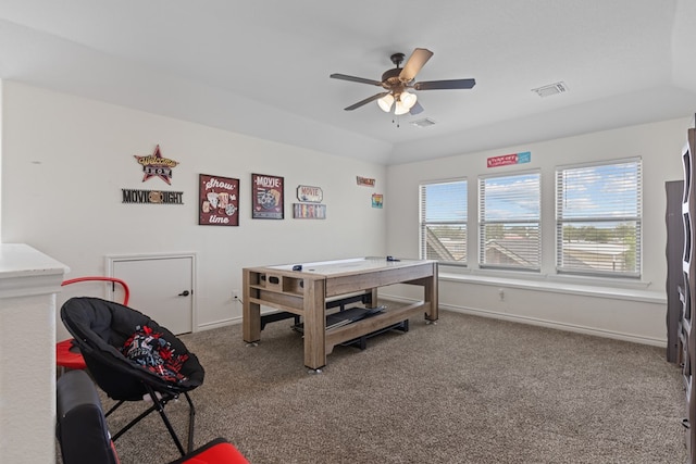 game room featuring ceiling fan, carpet flooring, baseboards, and visible vents