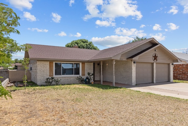 ranch-style house featuring brick siding, an attached garage, concrete driveway, and a shingled roof