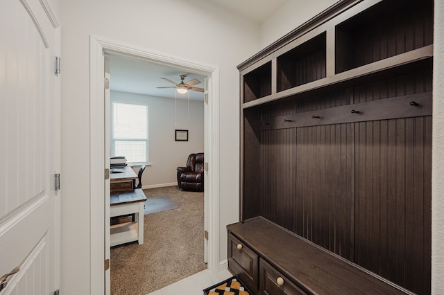 7521 Iron Mountain Rd, Odessa, TX 79765 - mudroom with a ceiling fan, carpet, and baseboards