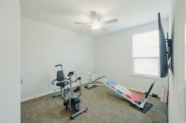 7521 Iron Mountain Rd, Odessa, TX 79765 - workout room featuring carpet flooring, baseboards, and a ceiling fan