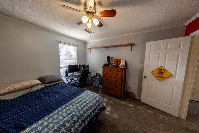 4001 Dyer Cir, Midland, TX 79707 - carpeted bedroom with crown molding, a textured ceiling, and ceiling fan