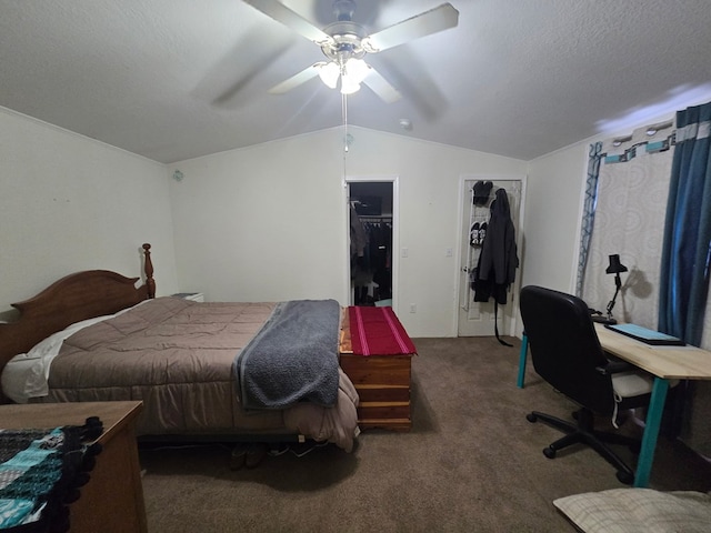 carpeted bedroom featuring ceiling fan, a textured ceiling, and lofted ceiling