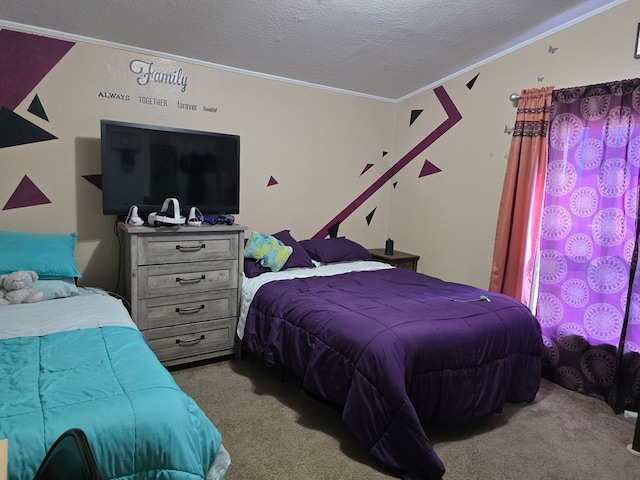 carpeted bedroom with a textured ceiling and ornamental molding