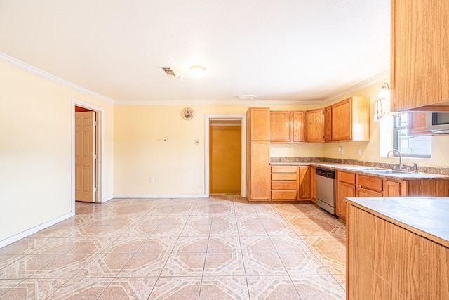 kitchen featuring light countertops, a sink, crown molding, baseboards, and dishwasher