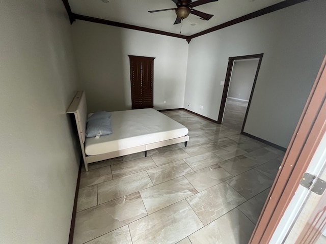 7311 Westmoore Rd, Odessa, TX 79764 - bedroom with crown molding, marble look tiles, and a ceiling fan