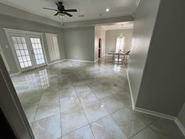 7311 Westmoore Rd, Odessa, TX 79764 - unfurnished room with crown molding, arched walkways, a chandelier, french doors, and ceiling fan